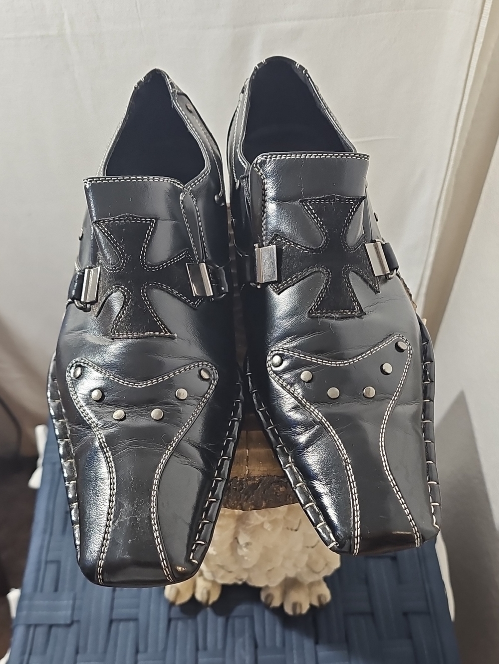 Men's Black Slip-On Loafers with Stud and Stitch Accents